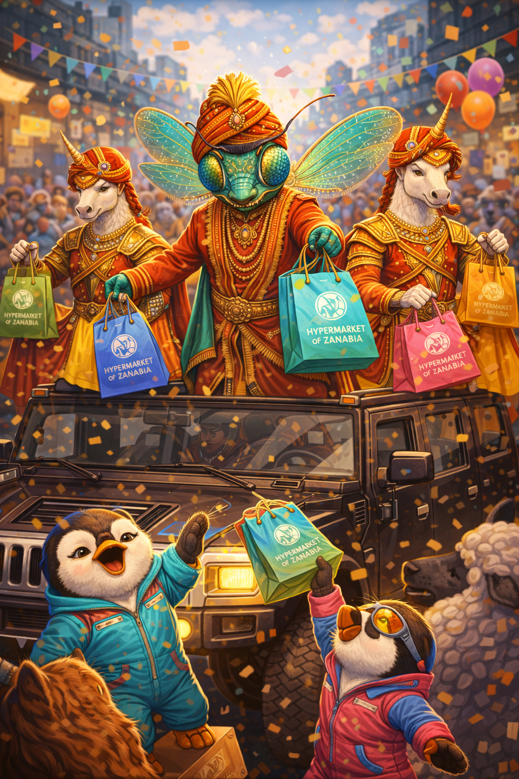 Mr Dragonfly Head, the Hummer, and the Unicorn Guard of Honour