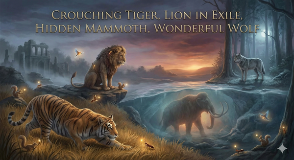 CROUCHING TIGER, LION IN EXILE, HIDDEN MAMMOTH, WONDERFUL WOLF