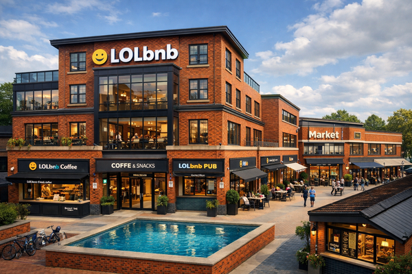 Modern red brick building with LOLbnb signage and a yellow smiley face logo